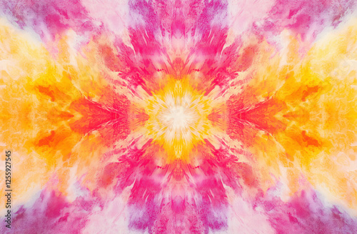 Tie-Dye Pattern with Pink, Yellow, and Orange on a White Background – Symmetrical and Vibrant Design with a Retro Aesthetic, Perfect for Fabric Prints, Wallpapers, and Creative Projects