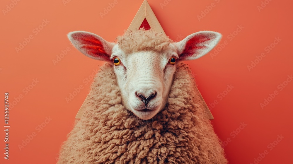 Fototapeta premium Playful Sheep Portrait Against Vibrant Orange Background Design
