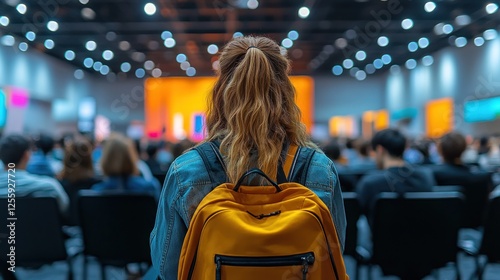 Attendee at large conference listening to speaker photo