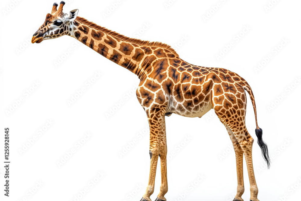 Naklejka premium Giraffe standing on a white background. The giraffe is tall and has a long neck
