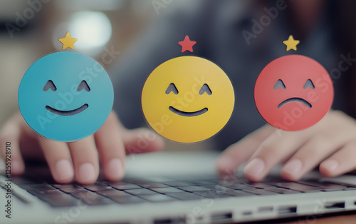 Colorful Customer Satisfaction Emojis Displayed Over a Laptop Keyboard

