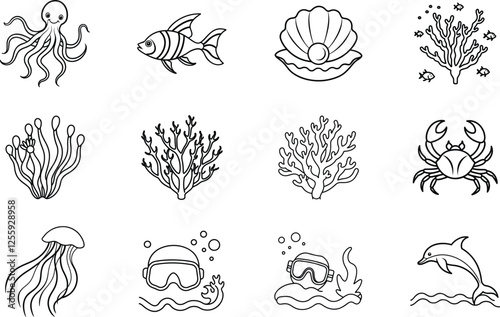 Ocean Life Underwater Creatures, Coral Reef, Diving Gear Icons
