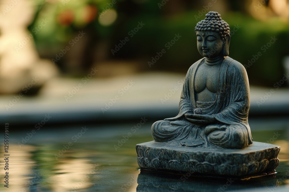 Serenity found in the presence of a tranquil Buddha statue surrounded by a peaceful garden oasis at midday Serenity found in the presence of a tranquil Buddha statue surrounded by a peaceful garden oasis at midday