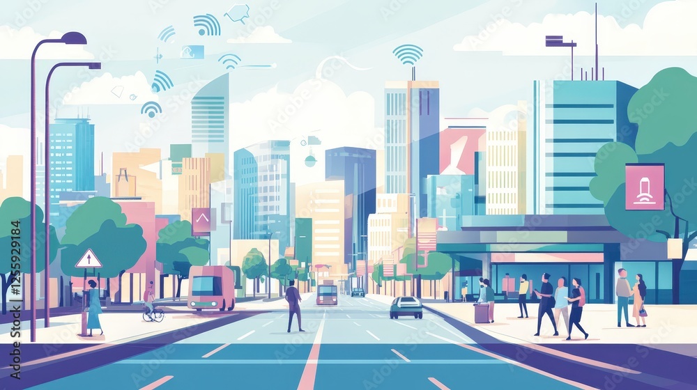 Fototapeta premium A bustling urban landscape features advanced technology with people interacting using devices, surrounded by modern architecture and signals representing seamless connectivity in a smart city.