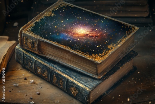 The ornate book, lavishly designed, remains empty within, whereas the worn book beside it holds galaxies, stars, and infinite knowledge