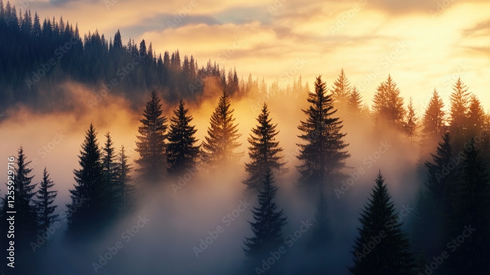 Misty forest at sunrise with vibrant sky Misty forest at sunrise with vibrant sky