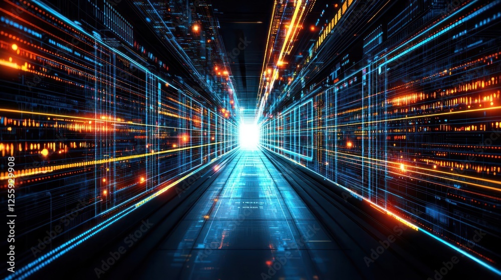 Fototapeta premium Futuristic Data Center Tunnel With Glowing Lines