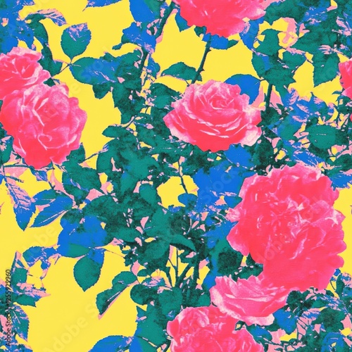 A striking pop art-inspired floral seamless pattern featuring bright pink ros...