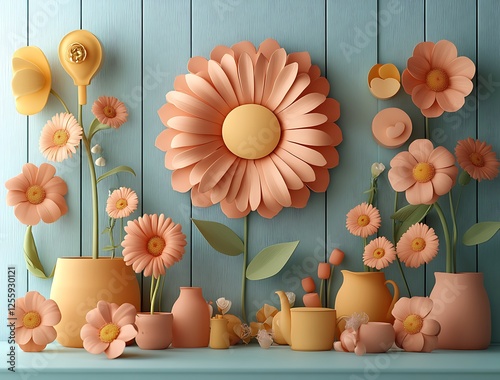  Peach Paper Flowers in Elegant Vases Against a Teal Wall