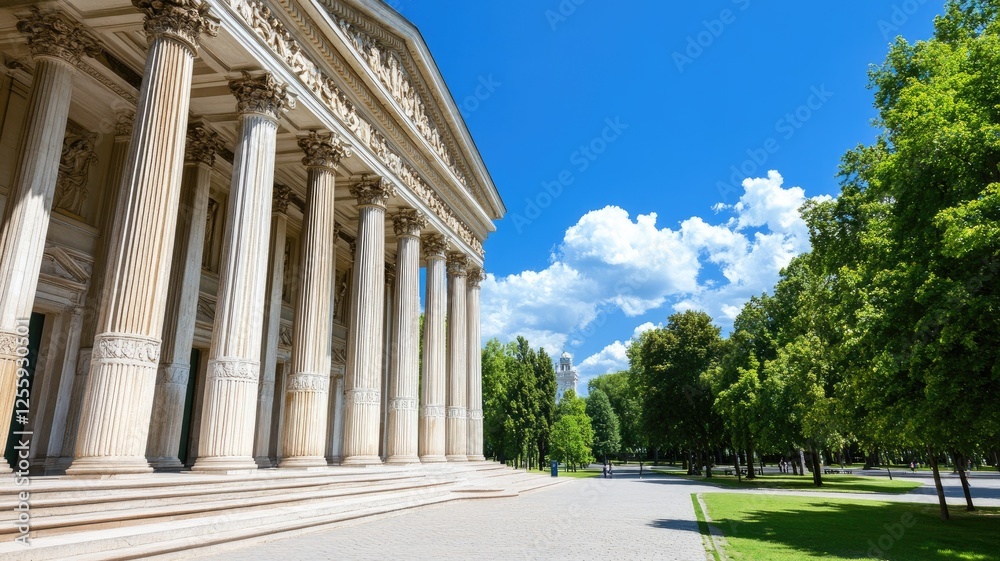 Obraz premium Neoclassical building with columns surrounded by green trees and blue sky