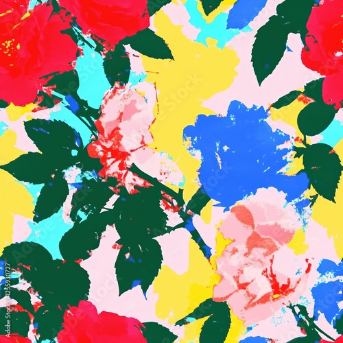 A striking pop art-inspired floral seamless pattern featuring bright pink ros...