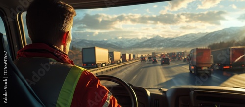 Truck Driver Navigating Busy Highway at Sunset with Mountains