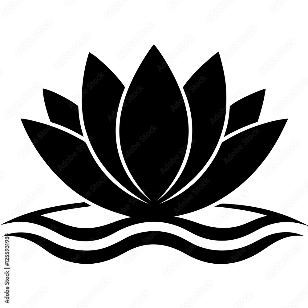 Silhouette of Stylized Lotus Flower with Waves Symbolizing Serenity, lotus flower logo icon illustration Silhouette of Stylized Lotus Flower with Waves Symbolizing Serenity, lotus flower logo icon illustration