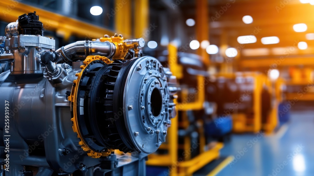 Industrial machine engine in factory with bright lighting Industrial machine engine in factory with bright lighting
