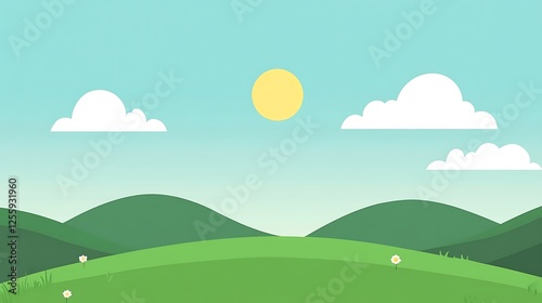 Sunny Day Rolling Hills Landscape With Flowers