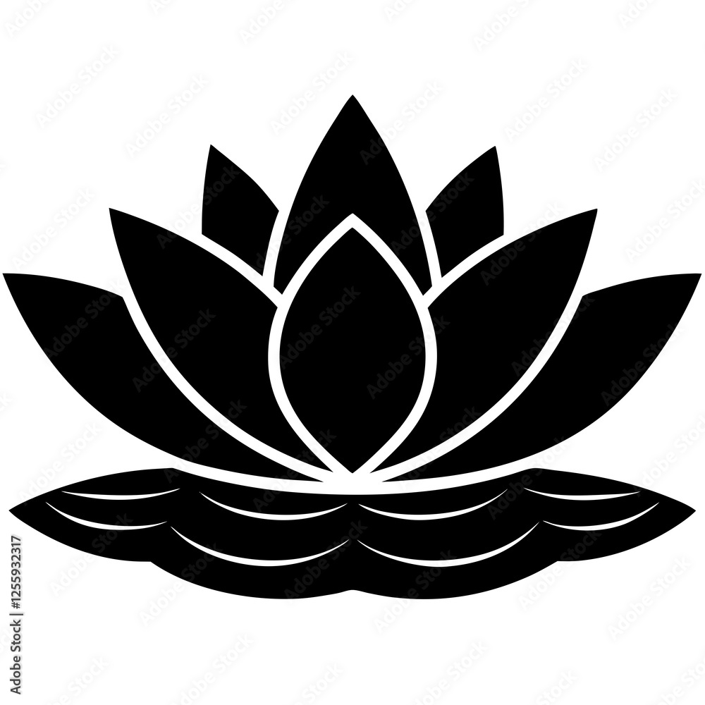 Silhouette of Stylized Lotus Flower with Waves Symbolizing Serenity, lotus flower logo icon illustration Silhouette of Stylized Lotus Flower with Waves Symbolizing Serenity, lotus flower logo icon illustration