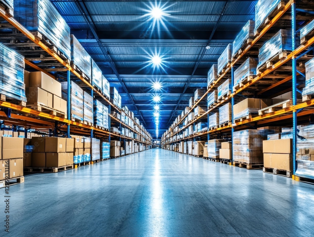 Artificial intelligence and machine learning, technology. Warehouse interior with pallets and stacked boxes under bright lights. Artificial intelligence and machine learning, technology. Warehouse interior with pallets and stacked boxes under bright lights.