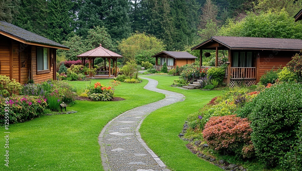 Fototapeta premium A lush, green lawn with colorful flowers, winding paths leading to small wooden cabins