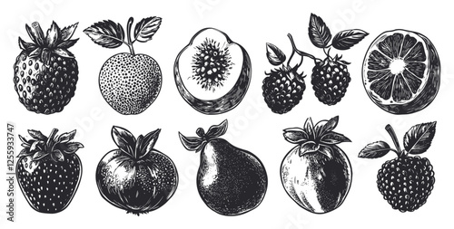 Fruits And Berries Set Black And White Block Prints Linocut Print Style Icons Set Vintage Engraved Illustration Hand Carved Effect Retro Botanical Collection