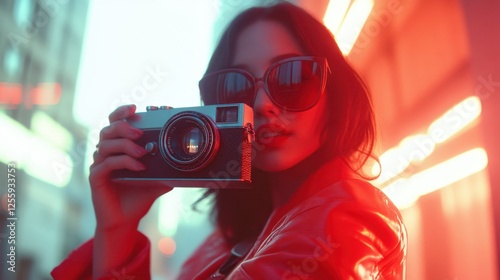 Urban Fashion Portrait with Camera and Neon Lights in Background