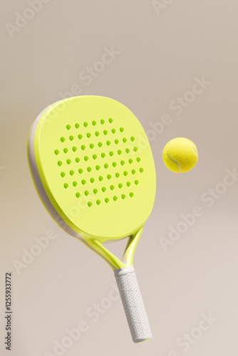 A vibrant yellow paddle padel tennis and ball, representing a playful moment in sports. 3d rendering