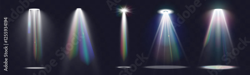Realistic white and colorful spotlights with beams, reflections, and stage lighting effects on transparent background.
