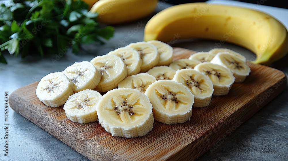 Sliced bananas on cutting board, whole banana and greens blurred in background Sliced bananas on cutting board, whole banana and greens blurred in background