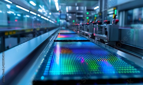 Wallpaper Mural Colorful LED panels move along a factory conveyor belt during the manufacturing process. Torontodigital.ca