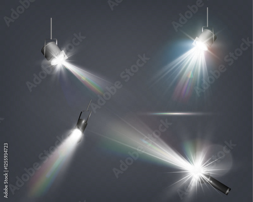 Realistic white and colorful spotlights with beams, reflections, and stage lighting effects on transparent background.