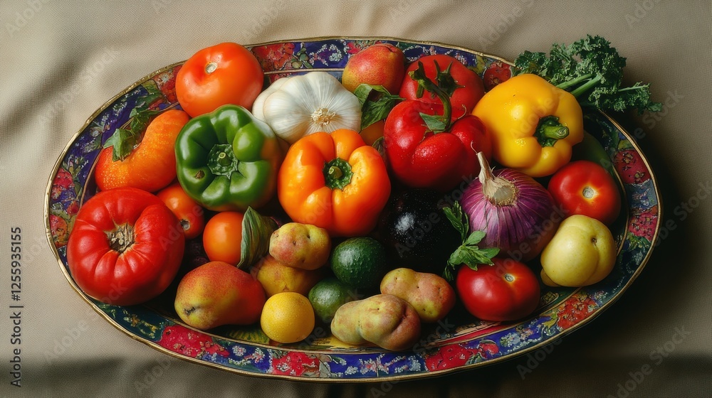 An assortment of fruits and vegetables is beautifully arranged on a decorative plate, surrounded by leafy greens and flowers. The composition emphasizes natural produce and healthy eating. An assortment of fruits and vegetables is beautifully arranged on a decorative plate, surrounded by leafy greens and flowers. The composition emphasizes natural produce and healthy eating.