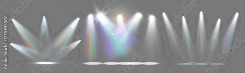 Realistic white and colorful spotlights with beams, reflections, and stage lighting effects on transparent background.