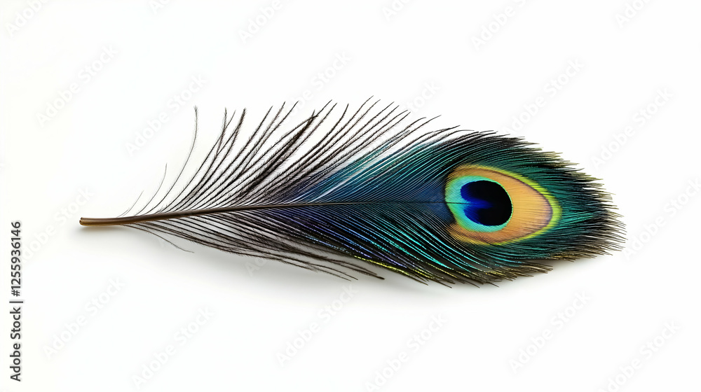 Fototapeta premium Photo - Vibrant Peacock Feather Eye Close Up, Colorful Plumage Detail on White
