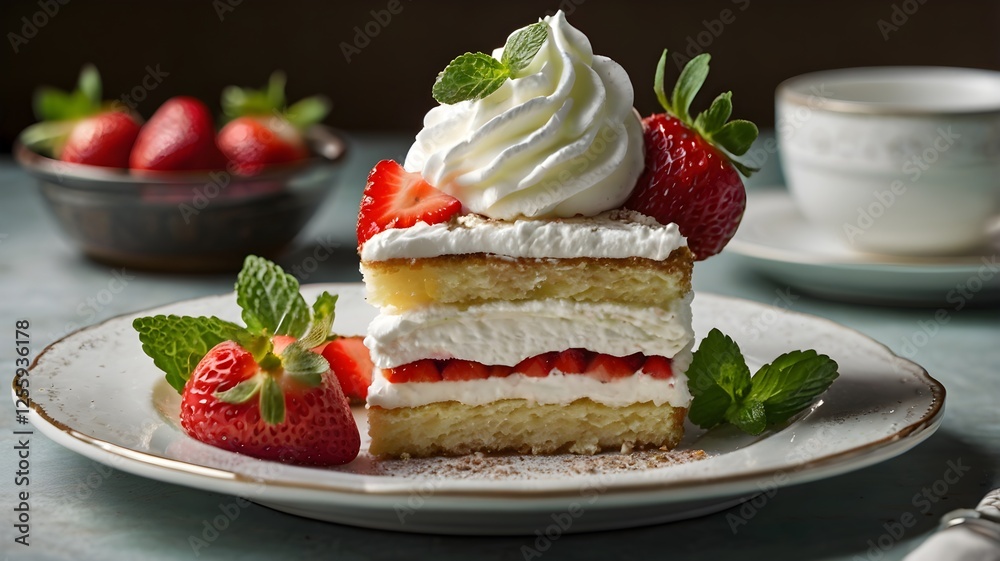 Cake with strawberries and whipped cream, sweet dessert slice photo, gourmet homemade food Cake with strawberries and whipped cream, sweet dessert slice photo, gourmet homemade food