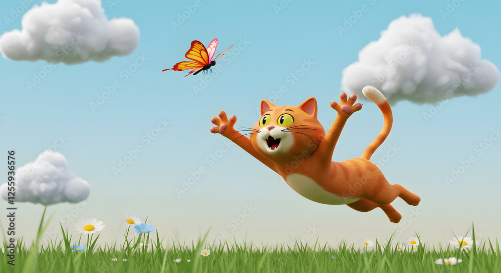 Naklejka premium Cartoon Cat Chasing Butterfly in a Sunny Meadow Animation Scene