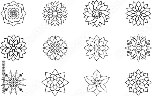 Twelve Simple Line Art Floral Mandala Designs for Coloring