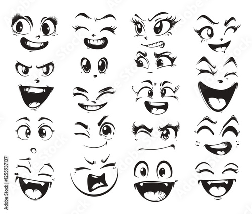 Manga Emoji Stickers Ink Sketch Vector Set Cute Expressions Ink Drawn Mangas Faces Emotions Set Style Emojis Eyes and Mouths Laughing Crying Surprised