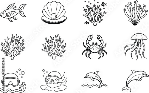 Ocean Life Underwater Icons, Marine Animals, Coral Reefs, Diving