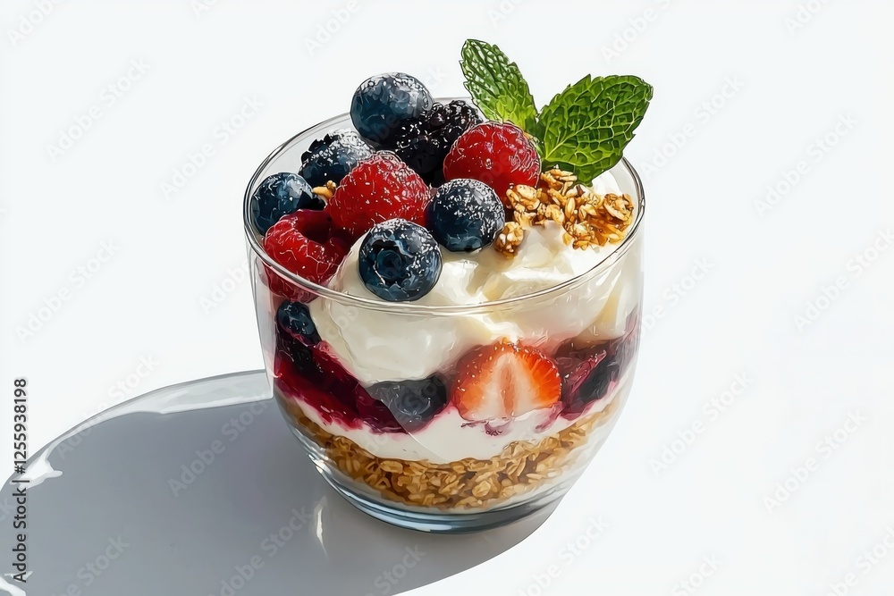 Delicious fruit and yogurt bowl with layers of berries and granola natural light side angle beautifully arranged Delicious fruit and yogurt bowl with layers of berries and granola natural light side angle beautifully arranged