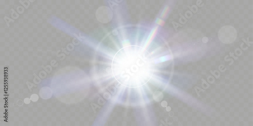 Bright white light explosion with lens flare, rainbow reflections, and sparkles on transparent background.