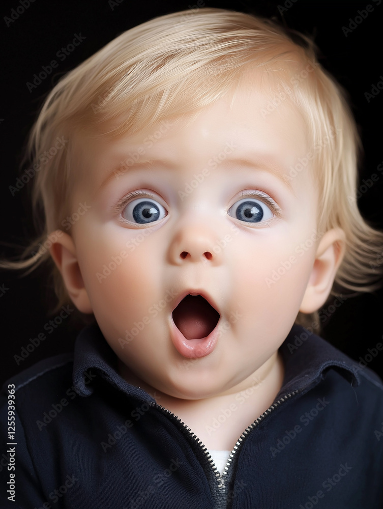 Blond baby opening mouth and showing big surprise on black background Blond baby opening mouth and showing big surprise on black background