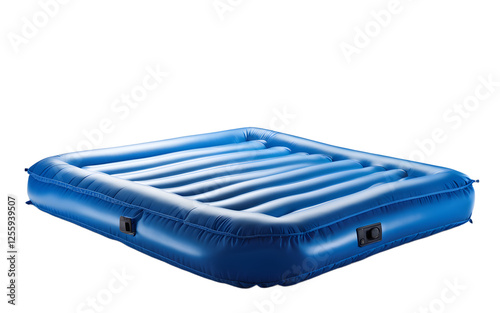 A beach-ready inflatable mattress in bright blue, isolated on a empty plain background