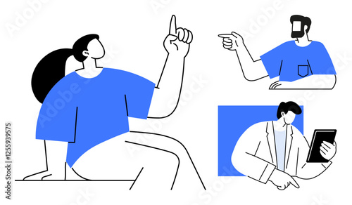 Three stylized characters interacting, making gestures, and using a tablet. Ideal for teamwork, communication, collaboration, idea sharing, education, presentations professional discussions