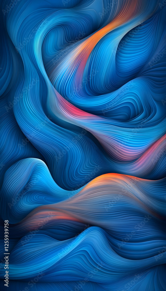 Naklejka premium Abstract flow wallpaper for mobile, background or design element in blue, orange and pink tones on dynamic swirls