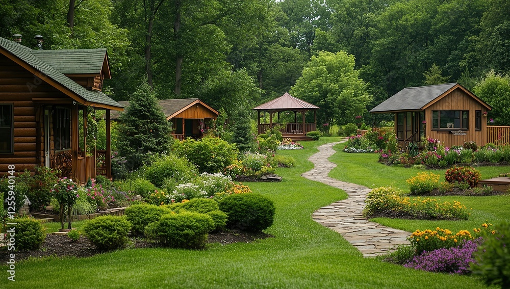 A lush, green lawn with colorful flowers, winding paths leading to small wooden cabins A lush, green lawn with colorful flowers, winding paths leading to small wooden cabins