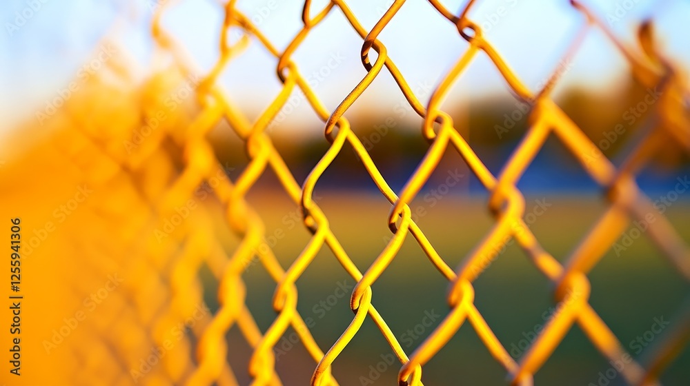 Fototapeta premium Close-up of a chain-link fence glistening in the golden hour light, with a blurred green background