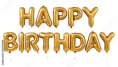 Gold Balloon Letters Spell Happy Birthday on a Transparent Background