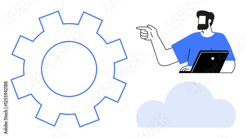 Man pointing while using a laptop, large gear cog, and cloud icon. Ideal for tech strategy, cloud computing, digital solutions, IT services, remote work, data management software development
