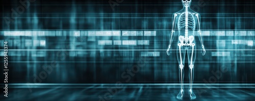 Digital x-ray of human skeleton with medical data in blue abstract background
