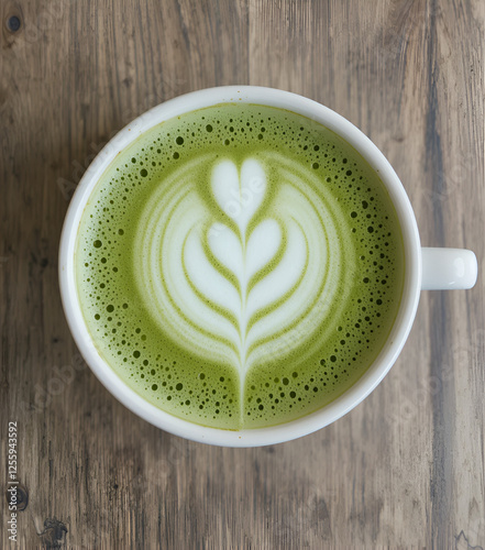 A top-down view of a frothy matcha latte in a ceramic cup,