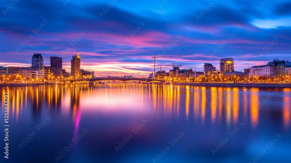 Obraz premium Serene twilight over a city skyline reflecting in a calm river, with vibrant color and light